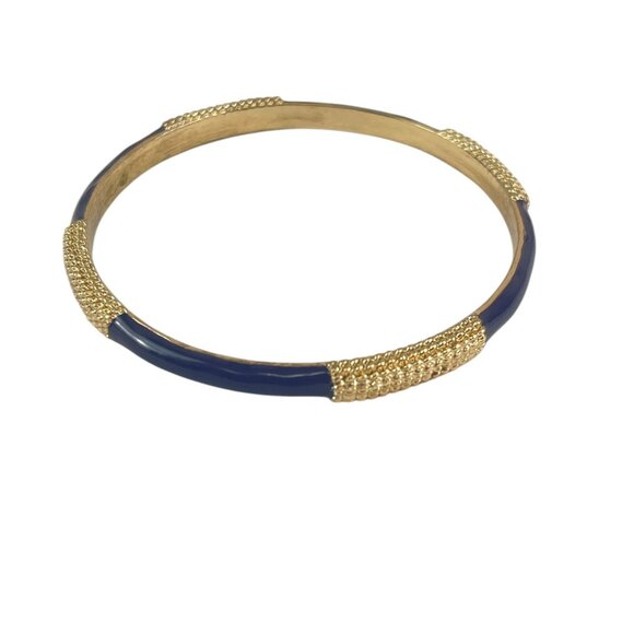 Gold-Tone & Navy Blue Enamel Bangle Bracelet Textured Detailing Classic Ethnic - Picture 3 of 7